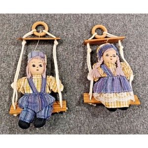 Vintage Porcelain Dolls Marionette Boy & Girl On A Wooden Swing Clown Doll